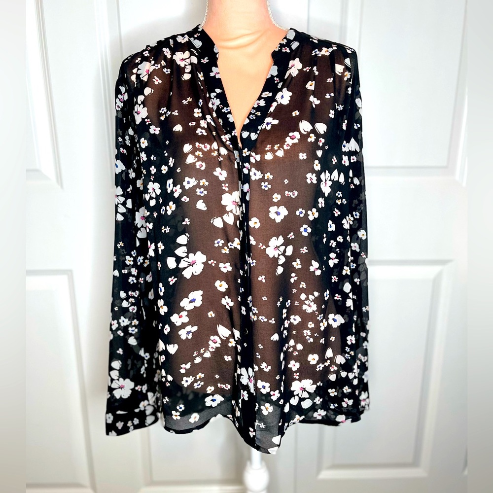 Cabi Delight Blouse Black Floral Long Sleeve XXL B12